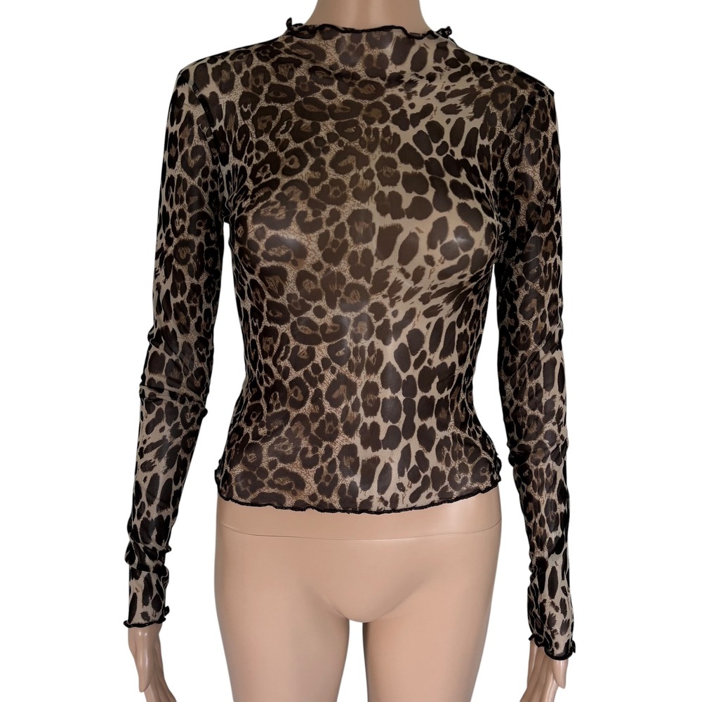 Y2K Style Womens Leopard Print Sheer Mesh Long Sleeve Mock Neck Top S Mob Wife